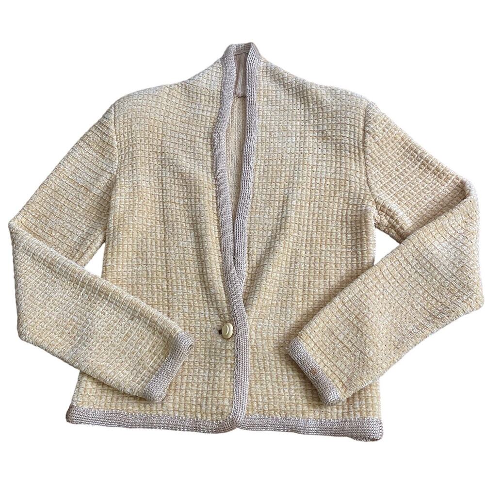 Vintage Chenille Cardigan size Small Medium Light Yellow Shawl Collar Preppy 80s